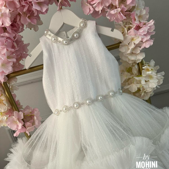 Rochie botez fetiță - Rochie alba cu volane Adela