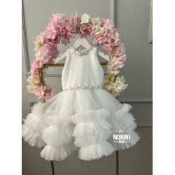 Rochie botez fetiță - Rochie alba cu volane Adela