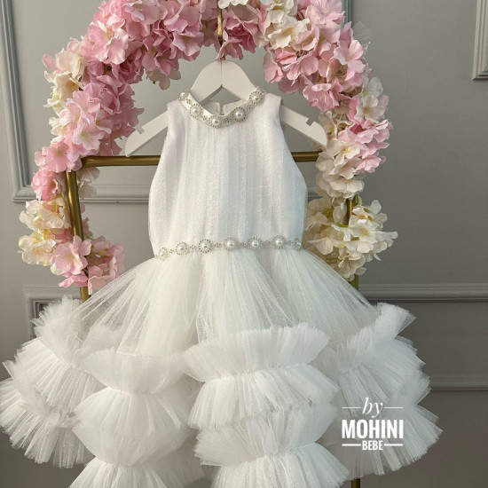 Rochie botez fetiță - Rochie alba cu volane Adela