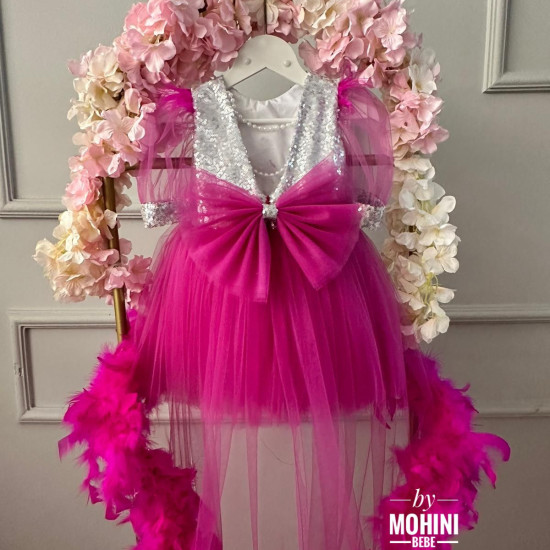 Rochie fete fucsia cu pene si trena Cecilia Fuchsia