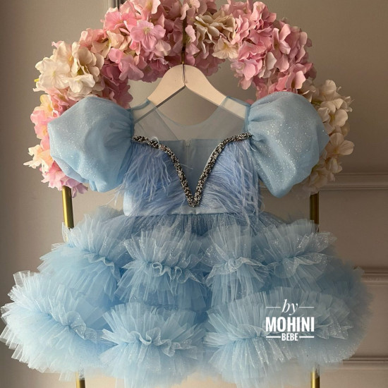 Rochie fete cu volanase pene si sclipici For a Special Blue Princess