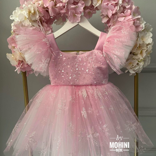 Rochie fete roz din tul cu sclipici și paiete For my little princess