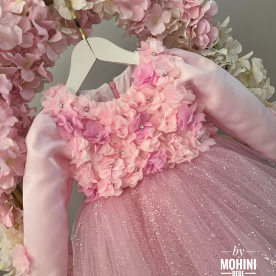 Rochie printesa roz cu flori si trena stralucitoare Hermosas Flores