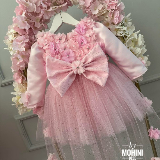 Rochie printesa roz cu flori si trena stralucitoare Hermosas Flores