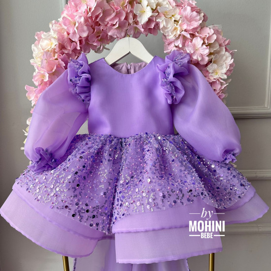 Rochie fete lila cu trena si paiete Lilac Tale Kaelie