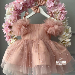 Rochie fete din tul cu perle roz prafuit Lovely Dusty Pink