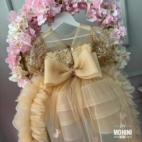 Rochie fete aurie cu trena si paiete Maravillosa 