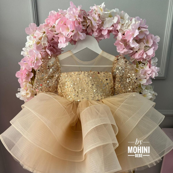 Rochie fete aurie cu trena si paiete Maravillosa 