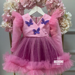 Rochie fete roz cu sclipici si fluturasi New Little Butterfly