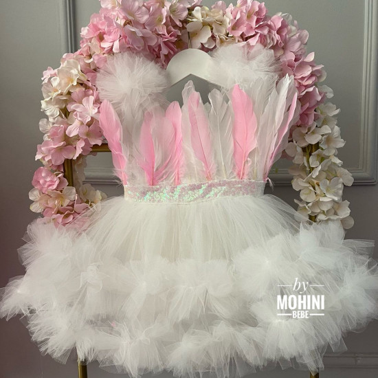 Rochie fete alba cu pene Pink White Feathers