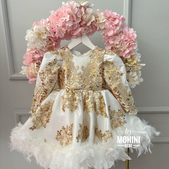 Rochie fete dantela aurie, trena si pene New Special Elisabeth