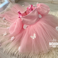 Rochie fete  roz cu trena si flori Peony Pink