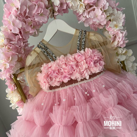 Rochie fete eleganta roz cu flori Pink Melina