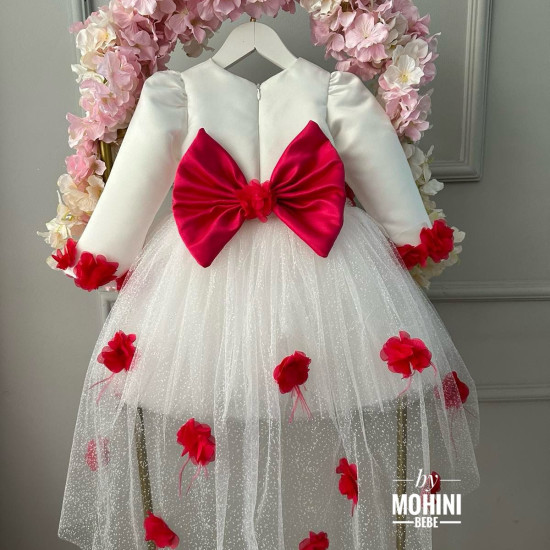 Rochie fete alba cu trena si flori rosii Special Flower Baby