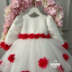 Rochie fete alba cu trena si flori rosii Special Flower Baby
