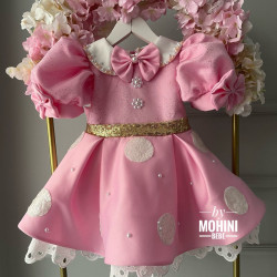 Rochie fete roz cu buline albe și dantelă Special Pink Min