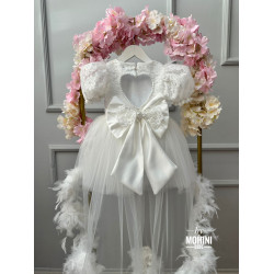 Rochie fete cu trena, dantela si pene Special White Heaven
