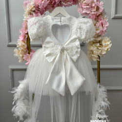 Rochie fete cu trena, dantela si pene Special White Heaven