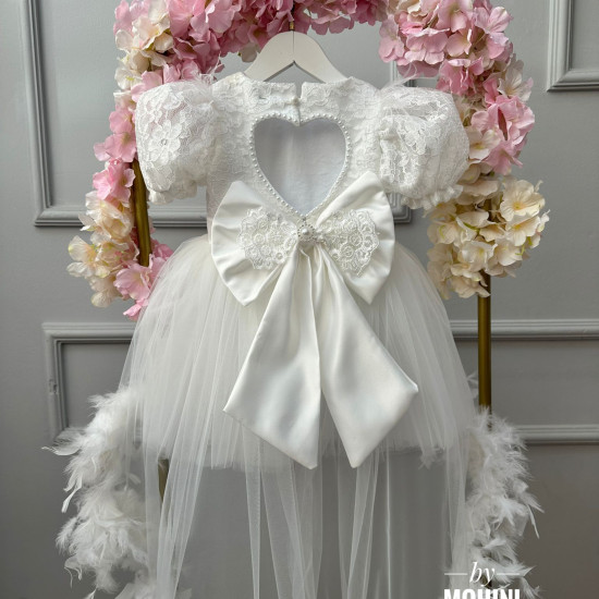 Rochie fete cu trena, dantela si pene Special White Heaven