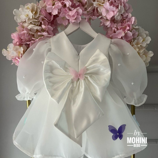 Rochie de ocazie fetite din organza alba cu perle si fluturasi White Butterflies
