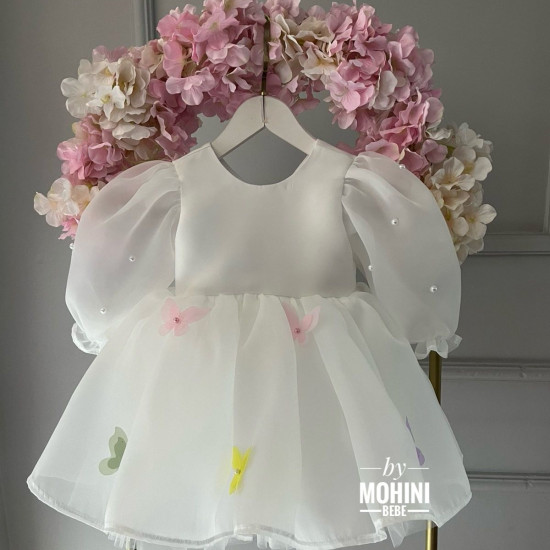 Rochie de ocazie fetite din organza alba cu perle si fluturasi White Butterflies