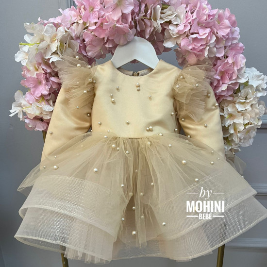 Rochie de ocazie pentru copii – Stil prințesă cu tul perle Unique Beige