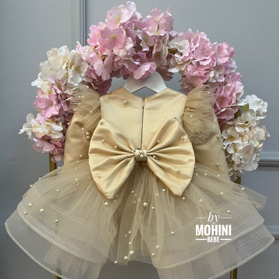 Rochie de ocazie pentru copii – Stil prințesă cu tul perle Unique Beige