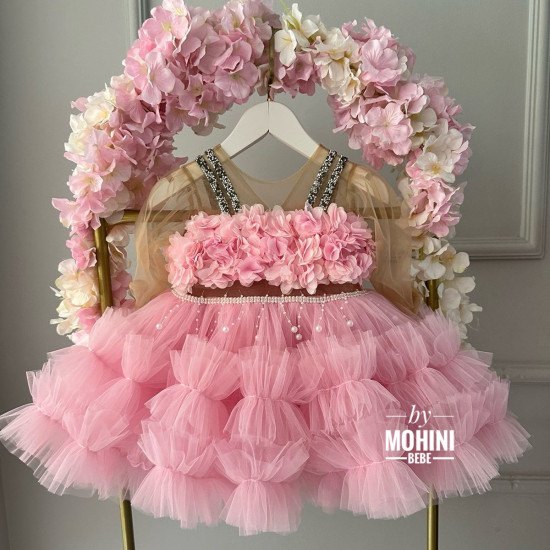 Rochie fete eleganta roz cu flori Pink Melina