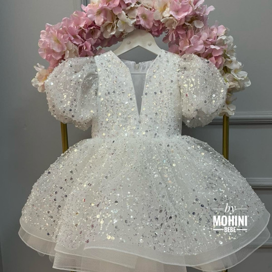 Rochie mireasa fete - Rochie alba paiete si trena tul White New Calla Tul