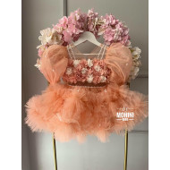 Rochie nuntă fetiță - Rochie roz prafuit cu flori si volanase voluminoase Flower Emily