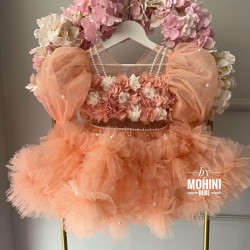 Rochie nuntă fetiță - Rochie roz prafuit cu flori si volanase voluminoase Flower Emily