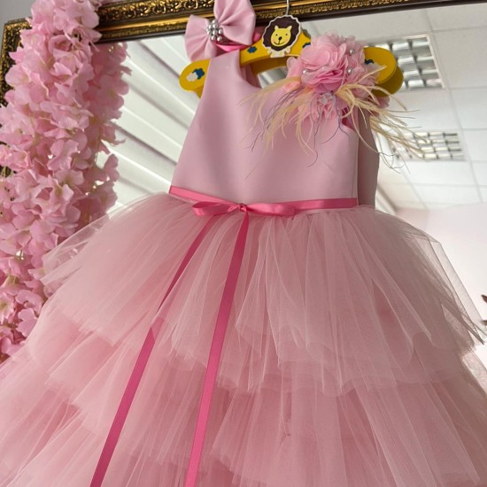 Rochie lunga fete - Rochie roz volane BRITTANY