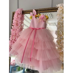 Rochie lunga fete - Rochie roz volane BRITTANY