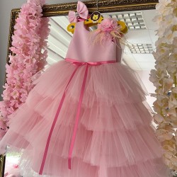 Rochie lunga fete - Rochie roz volane BRITTANY