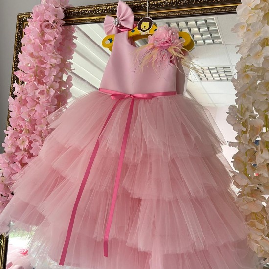 Rochie lunga fete - Rochie roz volane BRITTANY