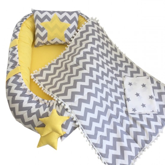 Set baby nest GRAY ZIGZAG din bumbac organic